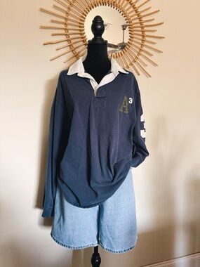 Y2K American Eagle Navy Rugby Polo with White Collar and Sleeve Number